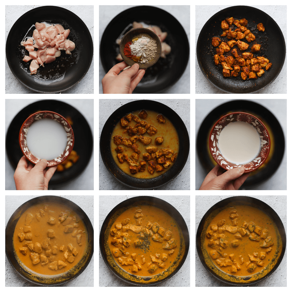 Was en snijd de kipfilet in blokjes. Verhit de olijfolie in een koekenpan op middelhoog vuur. Voeg de kip, currypoeder, knoflookpoeder, uienpoeder, cayennepeper en paprikapoeder toe, en verkruimel het halve kippenbouillonblokje boven de pan. Bak 5-6 minuten. Voeg het ma&iuml;zenamengsel en de ongeklopte slagroom toe. Zet het vuur hoog en kook tot de saus is ingedikt (blijf er wel bij staan). Zet het vuur uit en voeg de gedroogde peterselie toe. Meng goed.