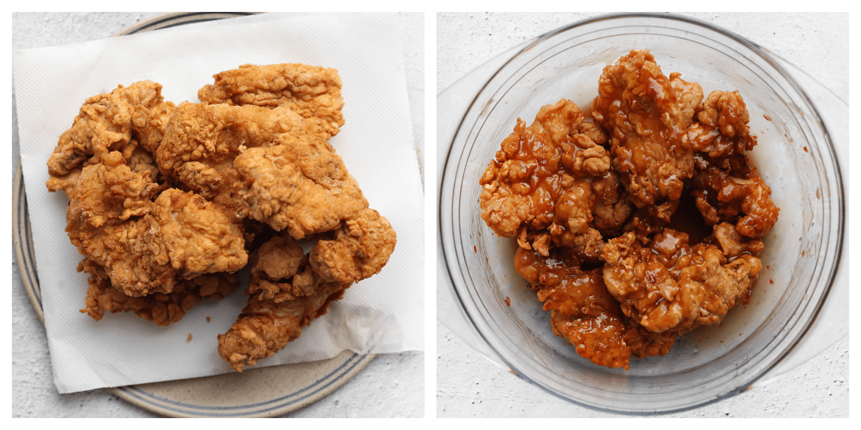 Krokante kipstukjes mengen met de sticky saus tot een geheel
