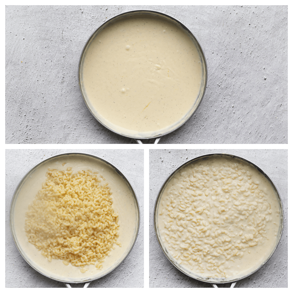 Voeg de macaroni toe aan de kaassaus. Meng goed.