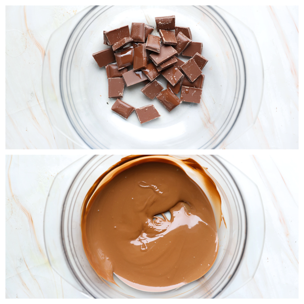 Smelt de melkchocolade samen met een scheutje zonnebloemolie au bain marie.