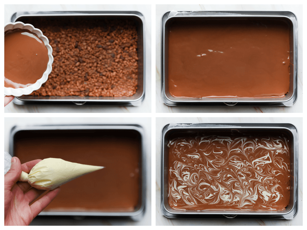 Verdeel de melkchocolade gelijkmatig over de crispy laag. Spuit er lijntjes op van witte chocolade. Gebruik een satéprikker om de lijnen sierlijk te maken. Leg 1 uur, afgedekt, in de koelkast of totdat de chocolade goed stevig is.