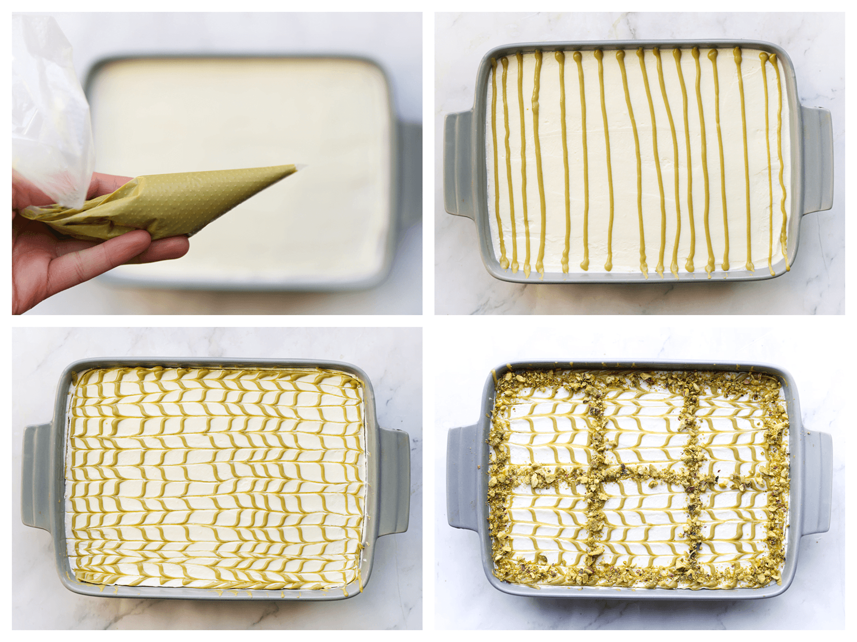 Pistachepasta spuiten over het pistache dessert en garneren met pistachenoten