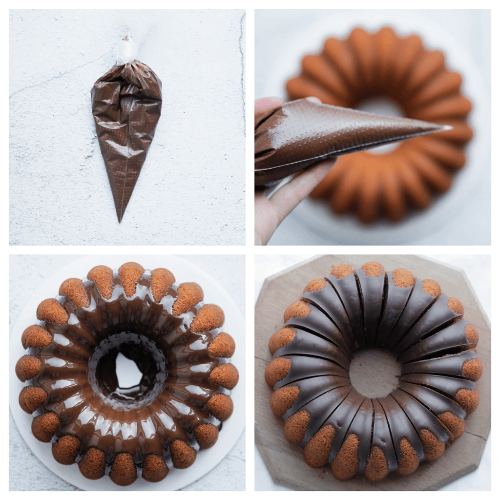 Verdeel de gesmolten chocolade over de compleet afgekoelde cake. Leg de bananen-chocoladecake, afgedekt, in de koelkast zodat de topping stevig wordt.