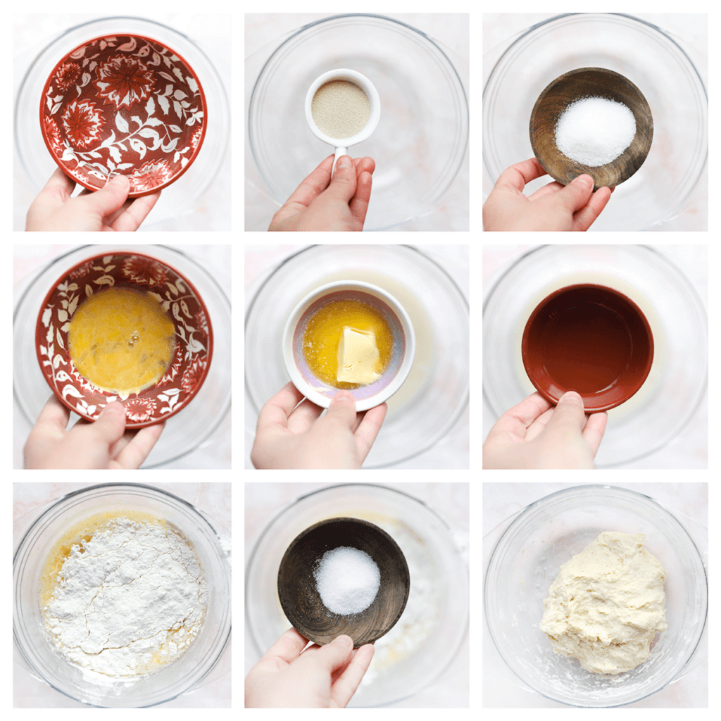 Doe het lauwwarme water, de gist en de suiker in een diepe kom. Roer goed. Voeg het ei, de roomboter en zonnebloemolie toe. Meng goed. Voeg de bloem en het zout toe. Meng tot een geheel.