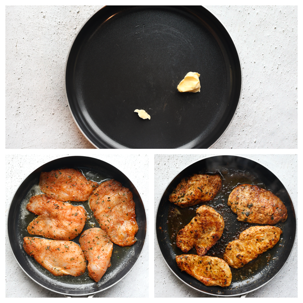 Verhit de roomboter (15 g) in een koekenpan op middelhoog vuur. Voeg de kipfilet toe en bak aan beide kanten gaar (3 minuten per kant). Schep de kipfilet voorzichtig uit de pan en leg apart (houd goed warm).