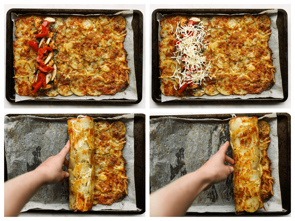  Haal de aardappelplakjes voorzichtig uit de oven. Smeer er wat groene pesto op en verdeel achtereenvolgens de stukjes kip, rode paprika en geraspte kaas over. Rol de aardappels naar binnen.