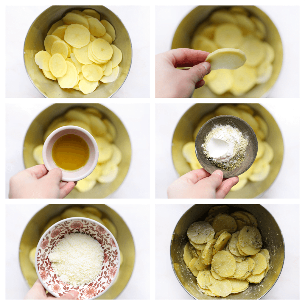 Schil en snijd de aardappels in dunne plakjes, en doe deze in een diepe kom. Voeg het zout, uienpoeder, knoflookpoeder, de Parmezaanse kaas en olijfolie toe. Meng goed.