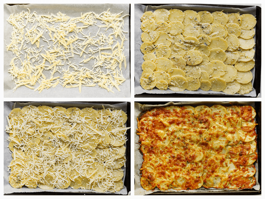 Neem een bakplaat en leg er een vel bakpapier neer. Strooi er wat geraspte kaas over. Verdeel de aardappelplakjes erover en strooi er weer wat geraspte kaas over. Zet in een voorverwarmde oven op 200 ℃. Bak 20-25 minuten. Elke oven werkt anders, houd dit daarom zelf in de gaten.