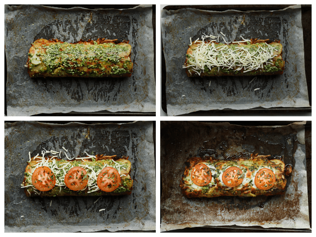 Smeer een laag groene pesto over de gevulde aardappelrol, strooi er geraspte kaas over, verdeel er plakjes tomaat over en maak het af met gedroogde peterselie. Zet de aardappelrol met kip pesto in een voorverwarmde oven op 200 ℃. Bak 10-15 minuten.