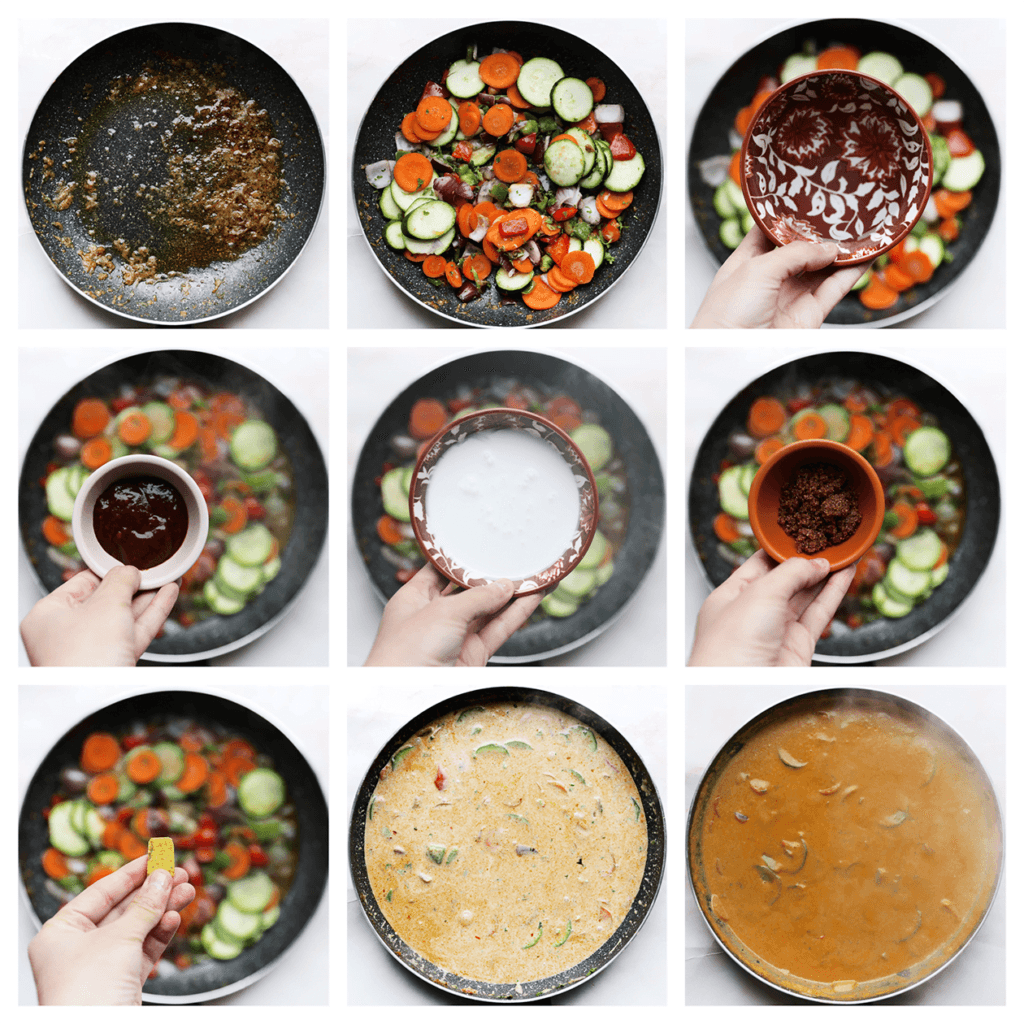 Verhit de koekenpan op middelhoog vuur. Voeg de garnalen toe  en bak gaar. Schep de garnalen voorzichtig uit de pan.
In dezelfde koekenpan verhit je de zonnebloemolie op middelhoog vuur. Voeg de groenten toe en bak 3 minuten. Voeg het water toe kook 2-3 minuten. Voeg de rode curry, kokosmelk, donkerbruine basterdsuiker toe, en verkruimel het visbouillonblokje boven de pan. Kook 10-12 minuten of tot de saus goed is ingedikt.