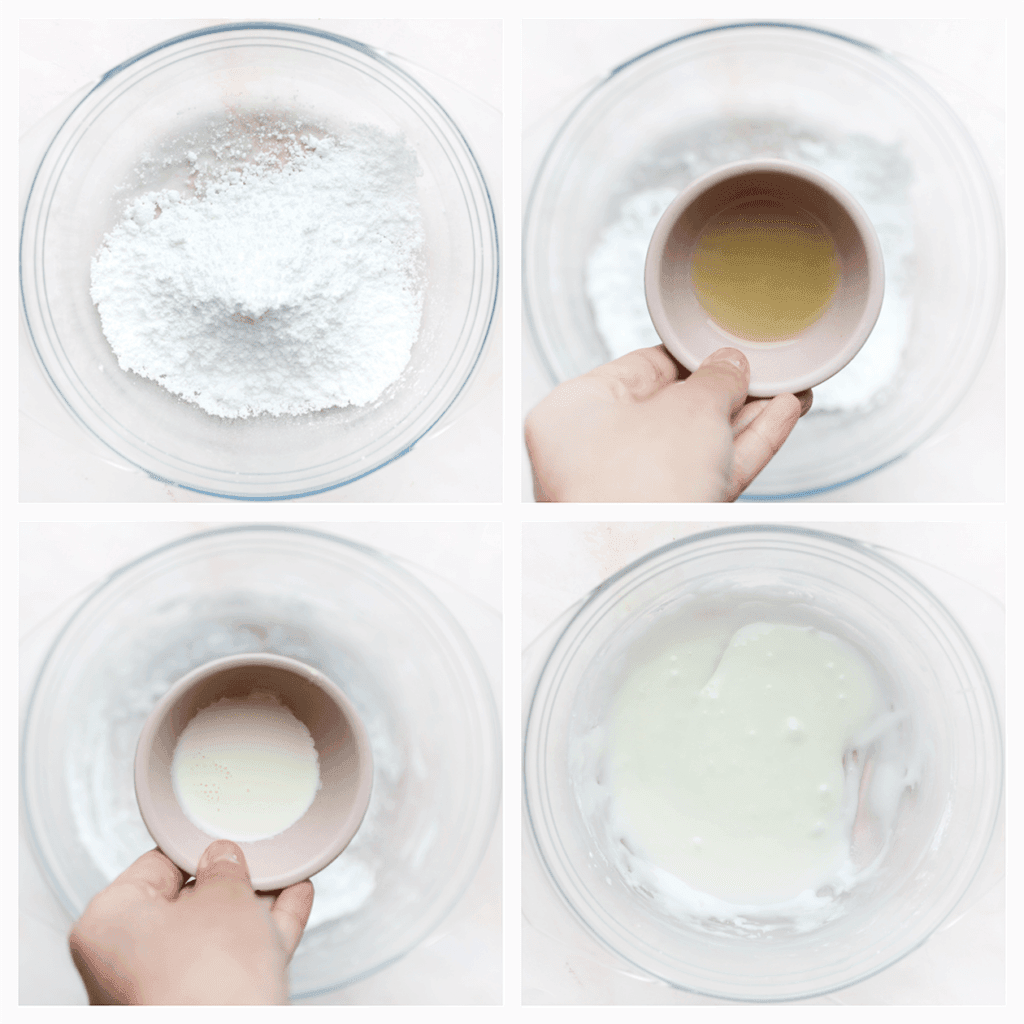 Doe de poedersuiker samen met het citroensap en melk in een kom. Meng goed.