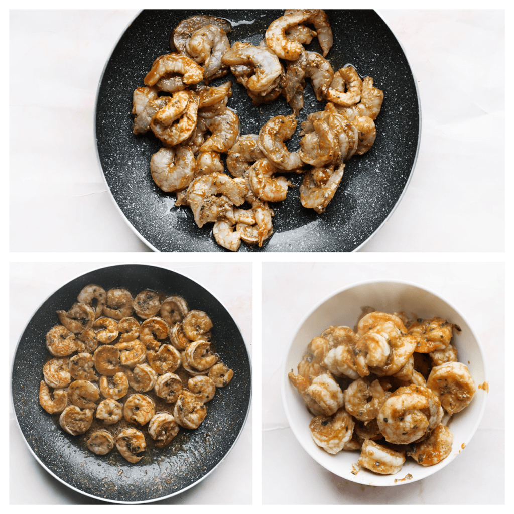 Verhit de koekenpan op middelhoog vuur. Voeg de garnalen toe  en bak gaar. Schep de garnalen voorzichtig uit de pan.