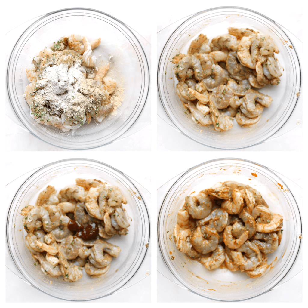 Doe de garnalen in een diepe kom. Voeg de knoflookpoeder, cayennepeper, uienpoeder, gedroogde peterselie, olijfolie en rode curry toe. Meng tot een geheel.