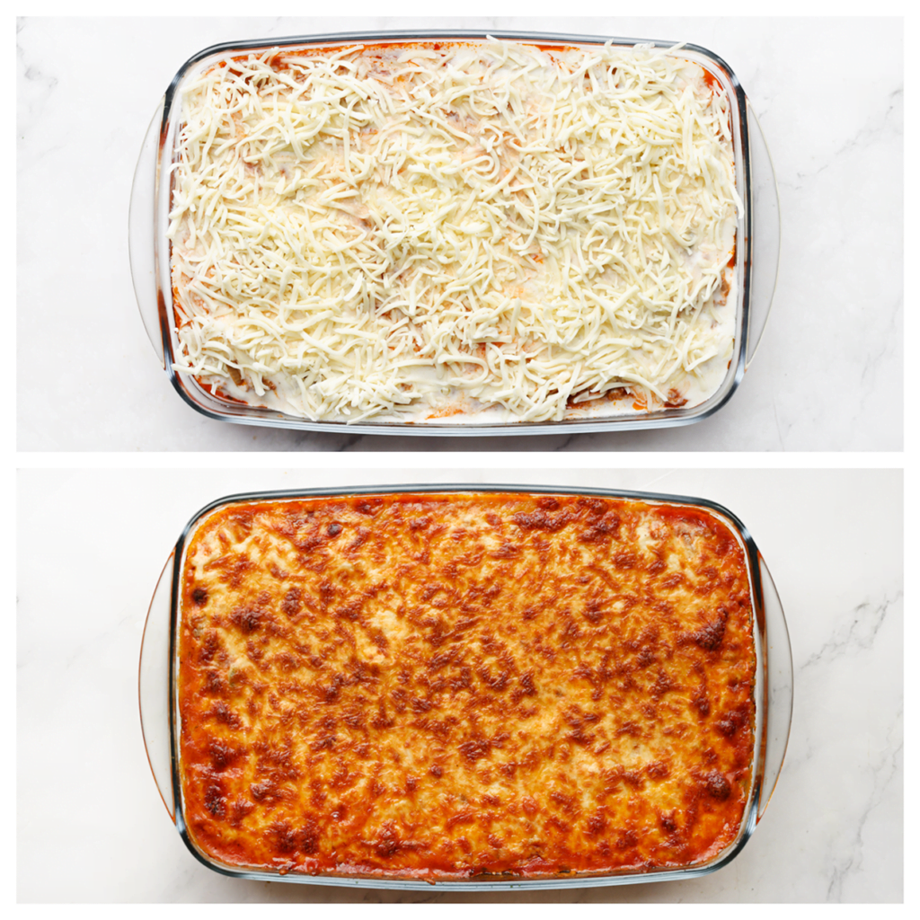 Schep de Knorr spaghetti spinaziemengsel over een ovenschaal, met daarover het gehaktmengsel en bechamelsaus. 
Strooi de geraspte kaas erover en zet de ovenschotel in een voorverwarmde oven op 220 ℃. Bak 15-25 minuten.