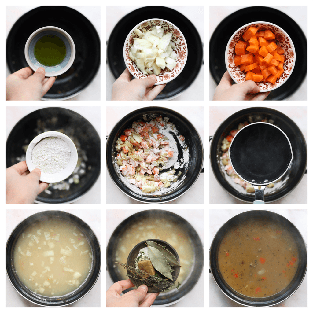 Verhit in dezelfde pan de olijfolie op middelhoog vuur. Voeg de gele ui toe en bak 3-4 minuten. Voeg de wortel en bloem toe. Meng goed. Voeg het water, de laurierblaadjes, tijm, knoflookpoeder, uienpoeder, cayennepeper, paprikapoeder en zwarte peper toe, en verkruimel het runderbouillonblokje boven de pan. Kook, afgedekt, 25 minuten.