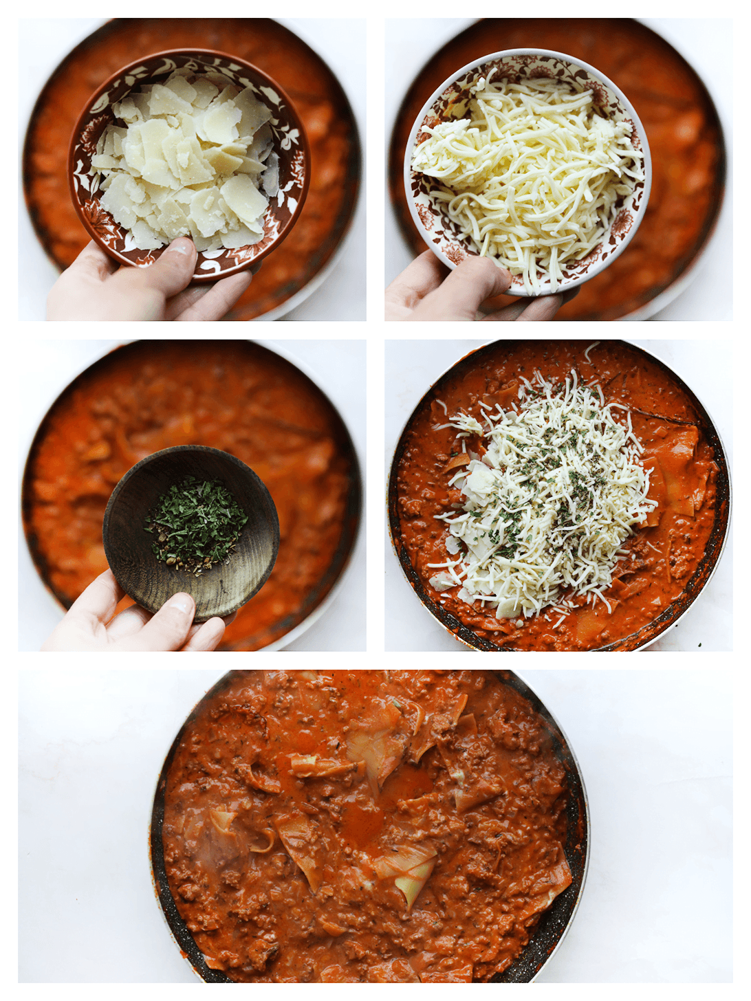 Kaas laten smelten door de lasagnesaus en mengen tot een geheel