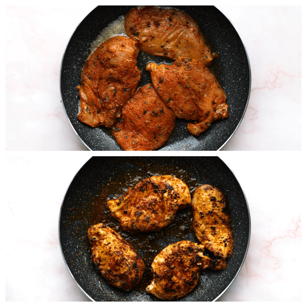 Verhit de roomboter in een koekenpan op middelhoog vuur. Voeg de kip toe en bak aan beide kanten gaar.