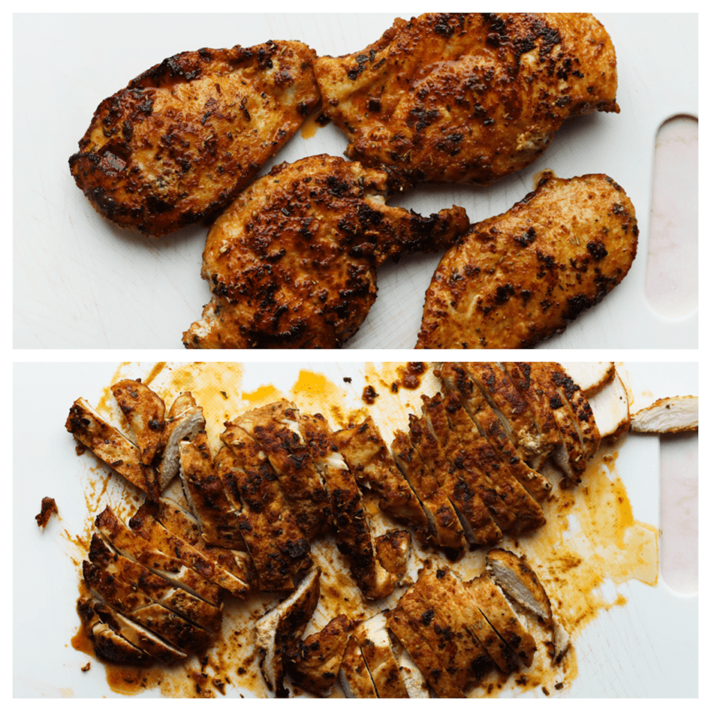 Schep de kip voorzichtig uit de pan en snijd deze in stukken.