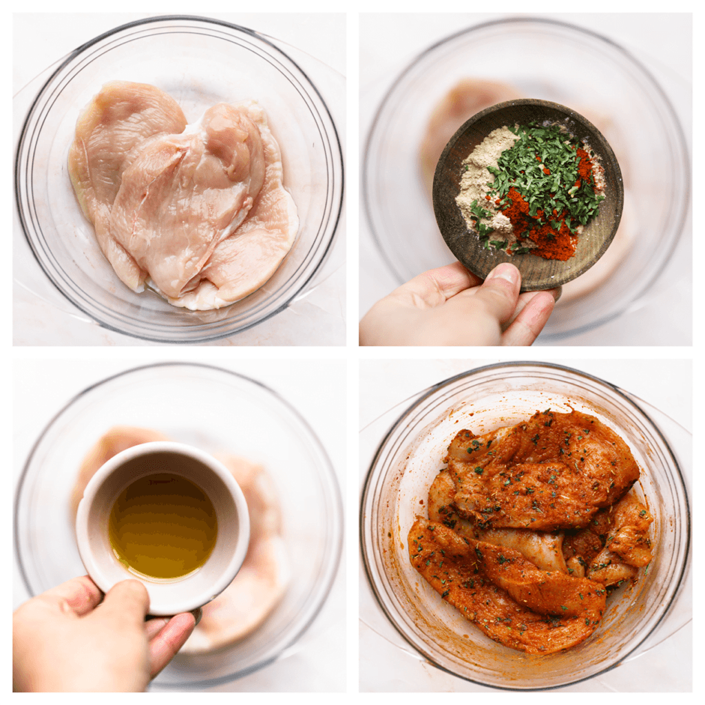 Was en snijd de kipfilet in langwerpige plakken. Doe de kipfilet in een diepe kom samen met het zout, knoflookpoeder, uienpoeder, de cayennepeper, paprikapoeder, gedroogde peterselie en olijfolie. Meng goed.