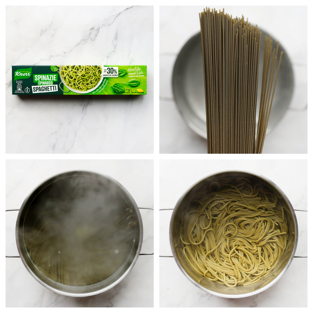 Breng een pan met halfvol water aan de kook. Voeg de Knorr spaghetti spinazie toe en kook 11-13 minuten. Laat het water uitlekken.