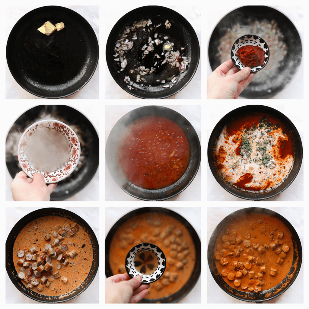 Verhit de roomboter in dezelfde koekenpan op middelhoog vuur. Voeg de rode ui toe en bak 2-3 minuten. Voeg de tomatenpuree, het pastawater, uienpoeder, knoflookpoeder, de cayennepeper, gedroogde peterselie, Italiaanse kruiden en het zout toe. kook 1 minuut. Voeg de ongeklopte slagroom toe en meng goed tot een geheel. Voeg de merguez en honing toe. Kook tot de saus is ingedikt.