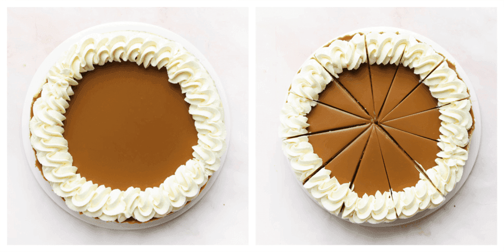 Spuit tot slot toefjes room op de cheesecake. Snijd in mooie puntjes en garneer met speculoospasta en speculooskoek.