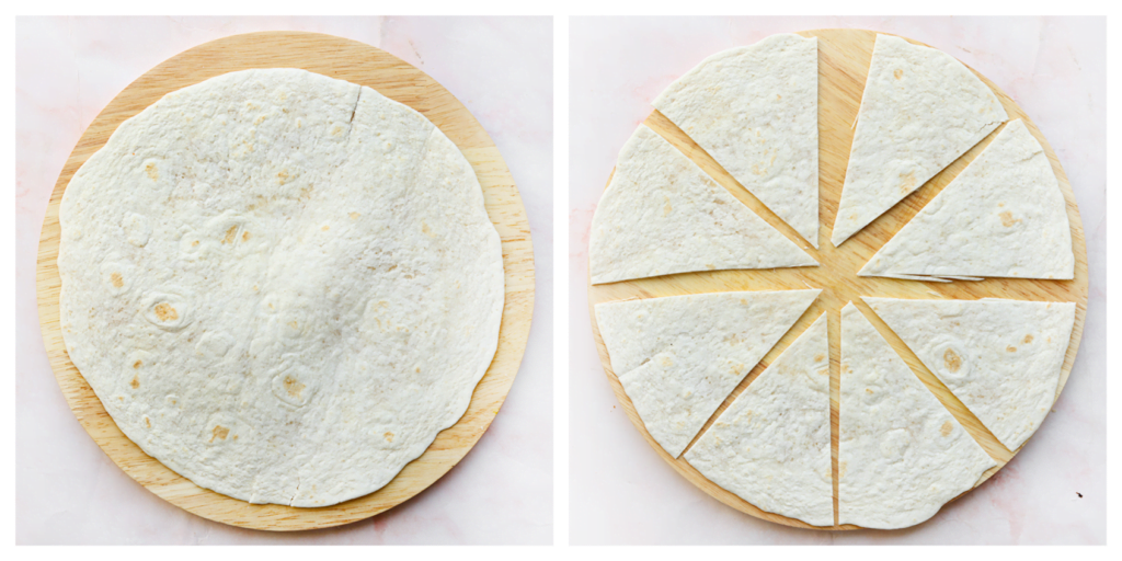 Snijd de tortilla wraps in ‘pizza’ stukken.