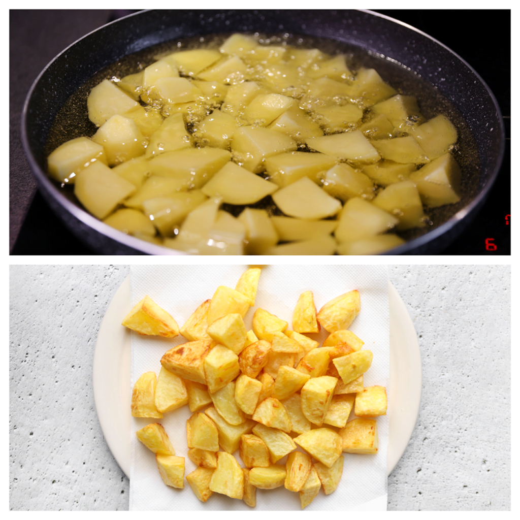 Verhit de zonnebloemolie in een koekenpan op middelhoog vuur. Voeg de aardappelen toe en bak gedurende 10-13 minuten, of totdat ze mooi goudbruin zijn gekleurd. Draai de aardappelen halverwege de baktijd om. Schep de aardappelen er voorzichtig uit en laat ze uitlekken op een vel keukenpapier. Voeg zout toe naar smaak.