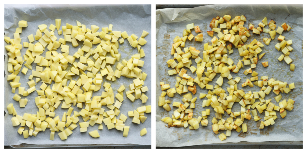Neem een bakplaat en bedek deze met een vel bakpapier. Verdeel de aardappelblokjes erover. Zet de aardappelblokjes in een voorverwarmde oven op 200 ℃. Bak in 15-20 minuten of tot ze zacht zijn.