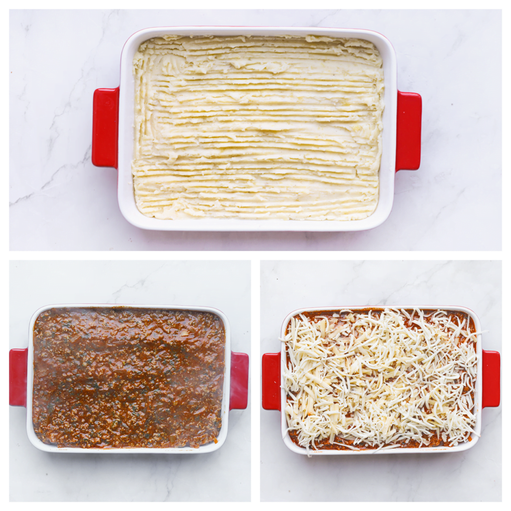 Verdeel de aardappelpuree over de bodem van een ovenschaal. Voeg het aardappelmengsel toe en verdeel goed. Strooi er geraspte mozzarella over.