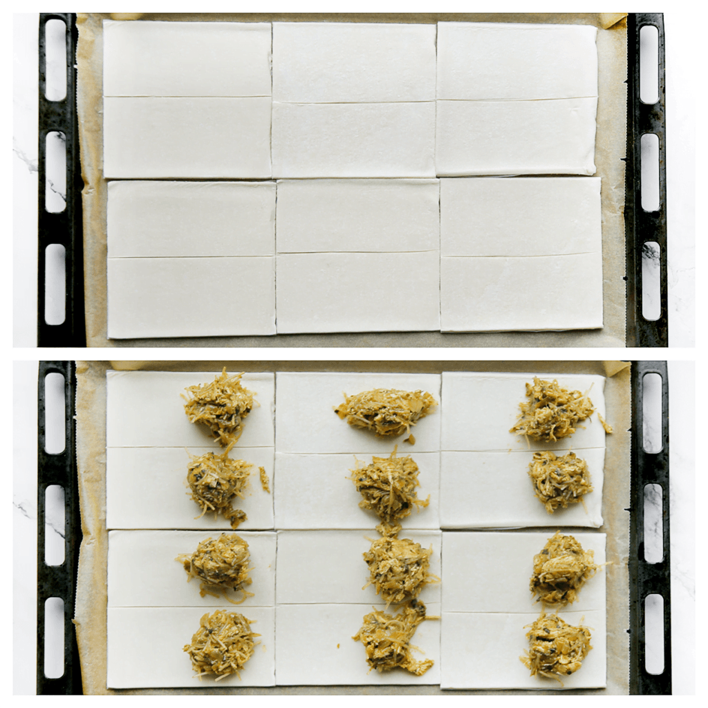 Snijd het bladerdeeg door twee (gebruik een pizzasnijder). Verdeel er wat van het kipmengsel over.