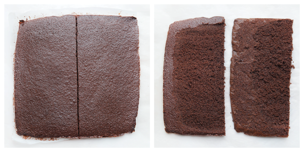 Snijd de chocoladecake doormidden. 
