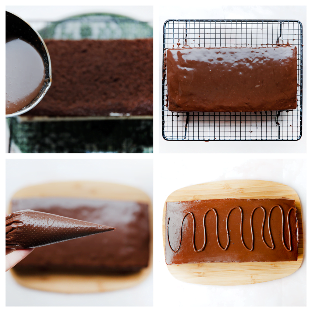 Bedek de chocoladecake volledig met het chocolademengsel. Garneer met een chocoladelijn.