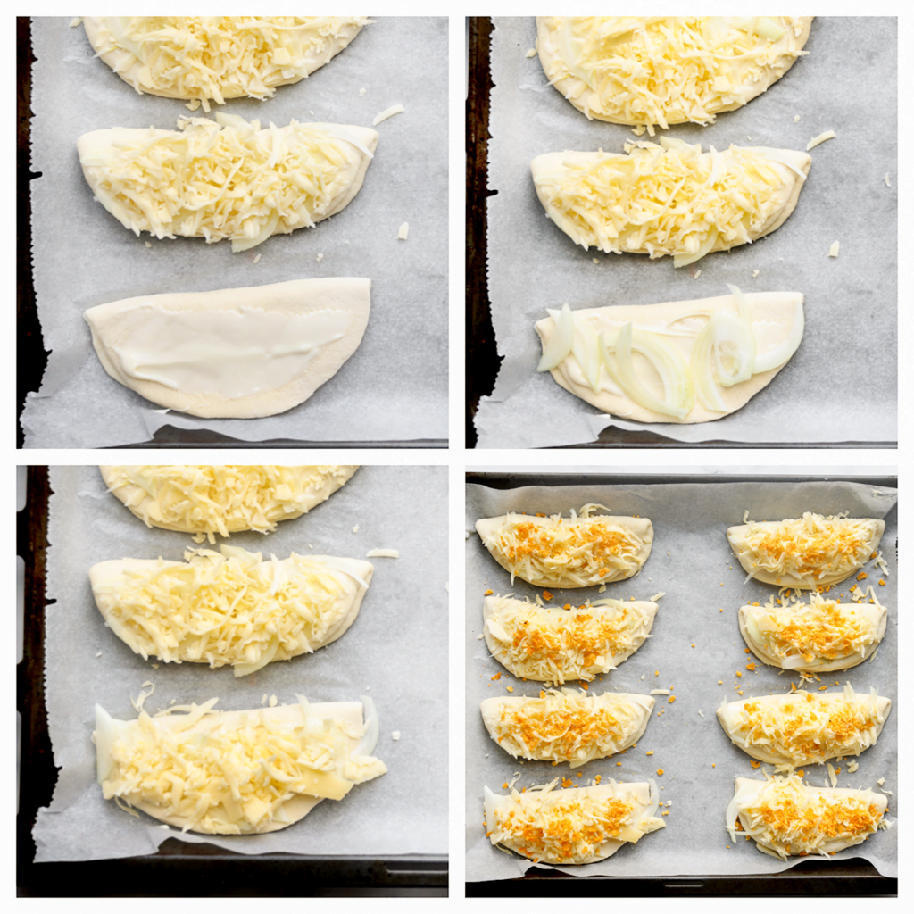 Leg het deeg op een bakplaat met bakpapier. Garneer met wat gele ui, geraspte kaas en chipskruimels.
