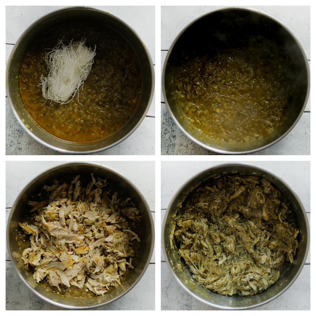 Kook de saus verder en voeg de mihoen toe. Kook tot de mihoen zacht is. Voeg de geplukte kip toe. Meng goed en laat compleet afkoelen.