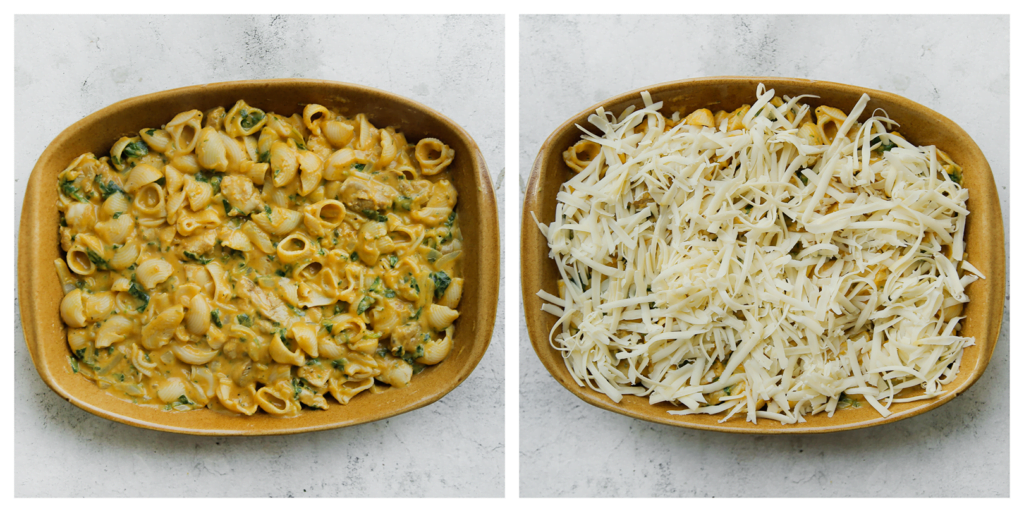 Verdeel het pastamengsel over een ovenschaal en strooi er geraspte mozzarella over. 