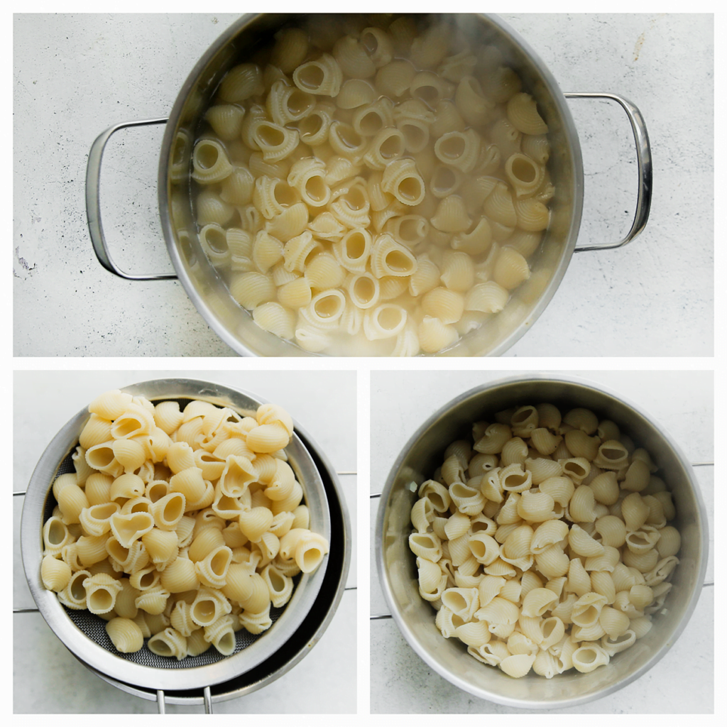 Breng een pan met water aan de kook. Voeg het zout en vervolgens de pasta toe. Kook in 10-12 minuten gaar. Laat het water uitlekken.
