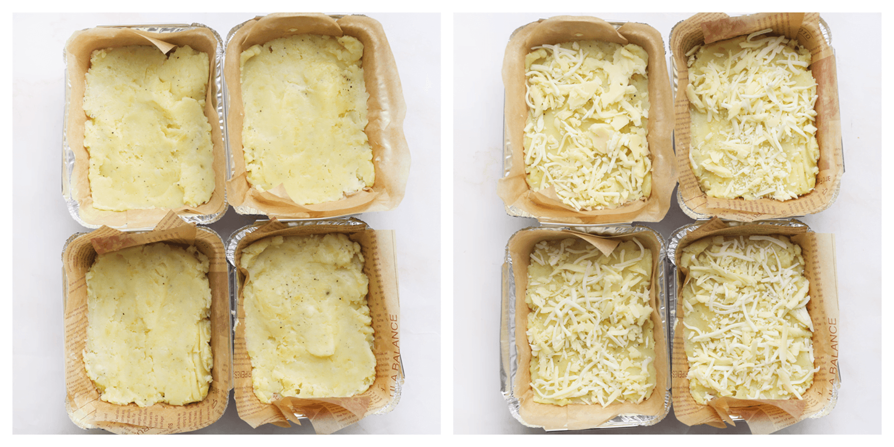 Bakjes met aardappelmengsel en kaas bakken in de oven