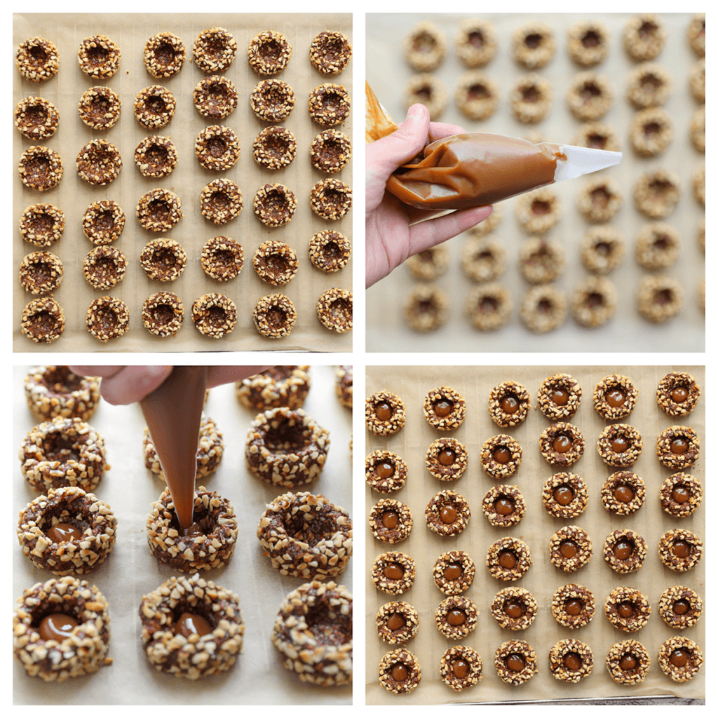 Vul elk gat met een laagje karamel.