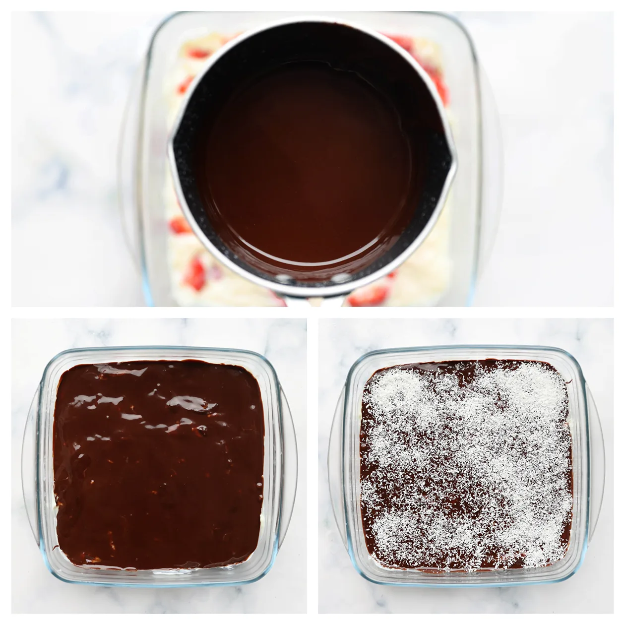 Čokoladni ganache namažite po sladici in okrasite z naribanim kokosom.