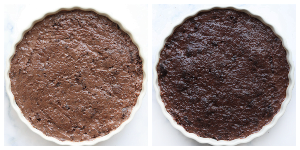Doe het chocolademengsel in een (oven)schaal en verdeel het gelijkmatig. Zet het dessert 30 minuten in de koelkast om op te stijven.