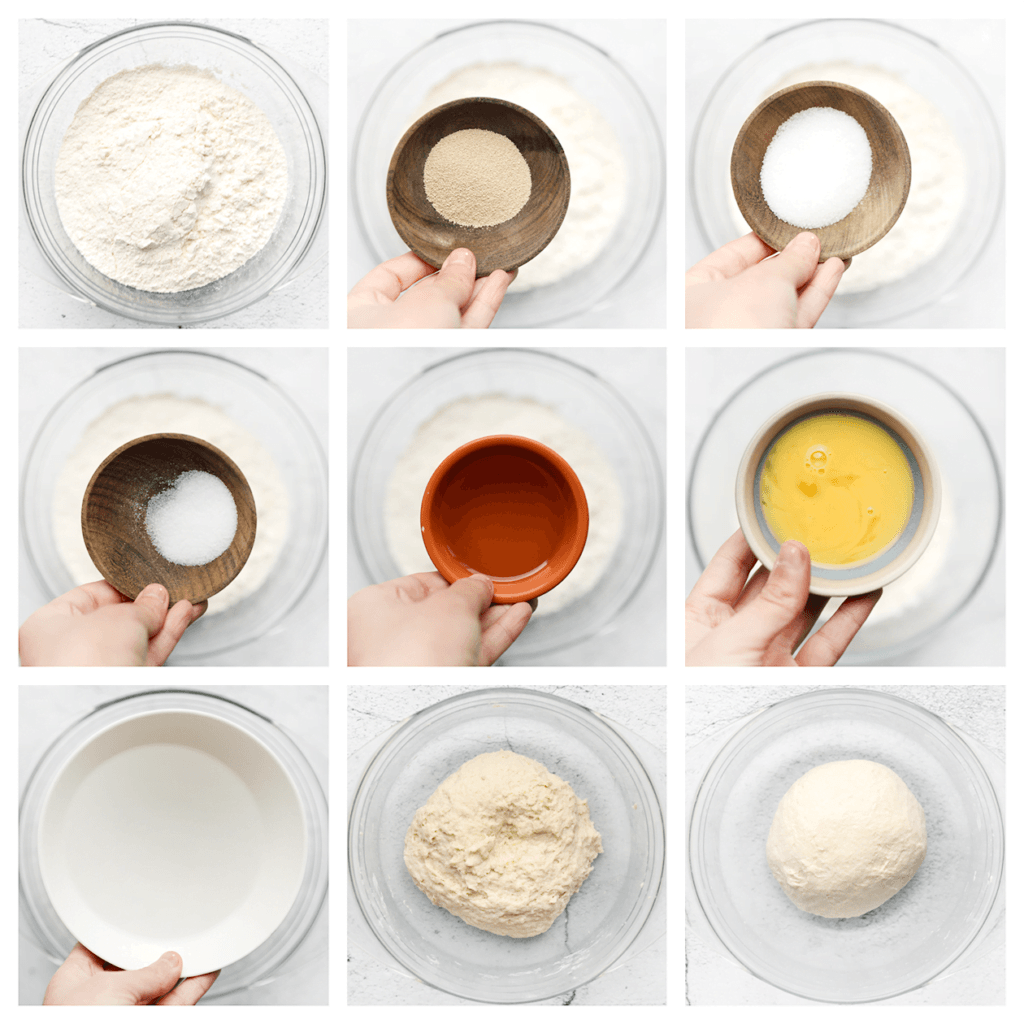 Doe de bloem samen met de gist, suiker en het zout in een diepe kom. Maak een gat in het midden en vul deze met de zonnebloemolie, het geklutste ei en lauwwarme water. Meng goed en kneed 10-12 minuten tot een samenhangend deegje.