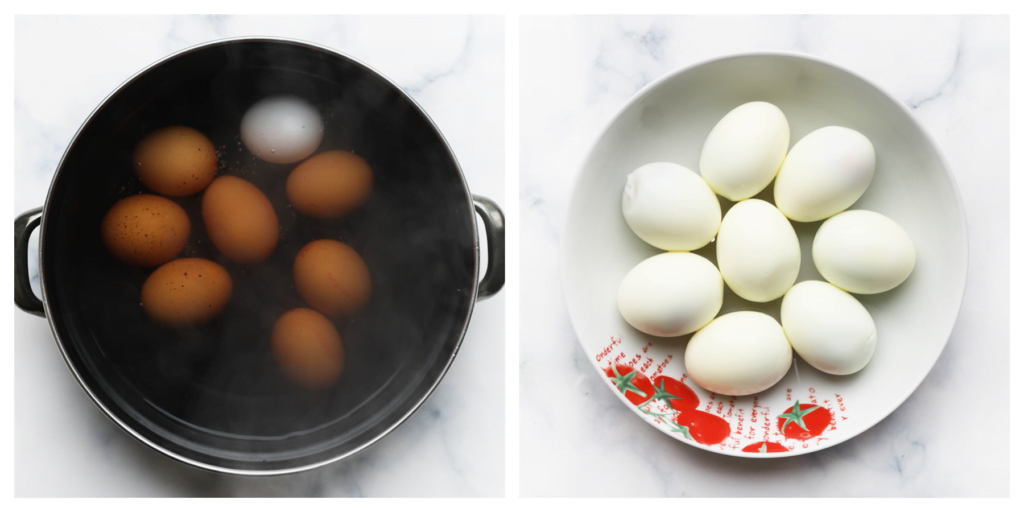Breng een pan met water aan de kook. Voeg de eieren toe (zorg dat de eieren onder water staan) en kook ze in ca. 10-15 minuten hard. Spoel ze na met koud water en pel de eieren.