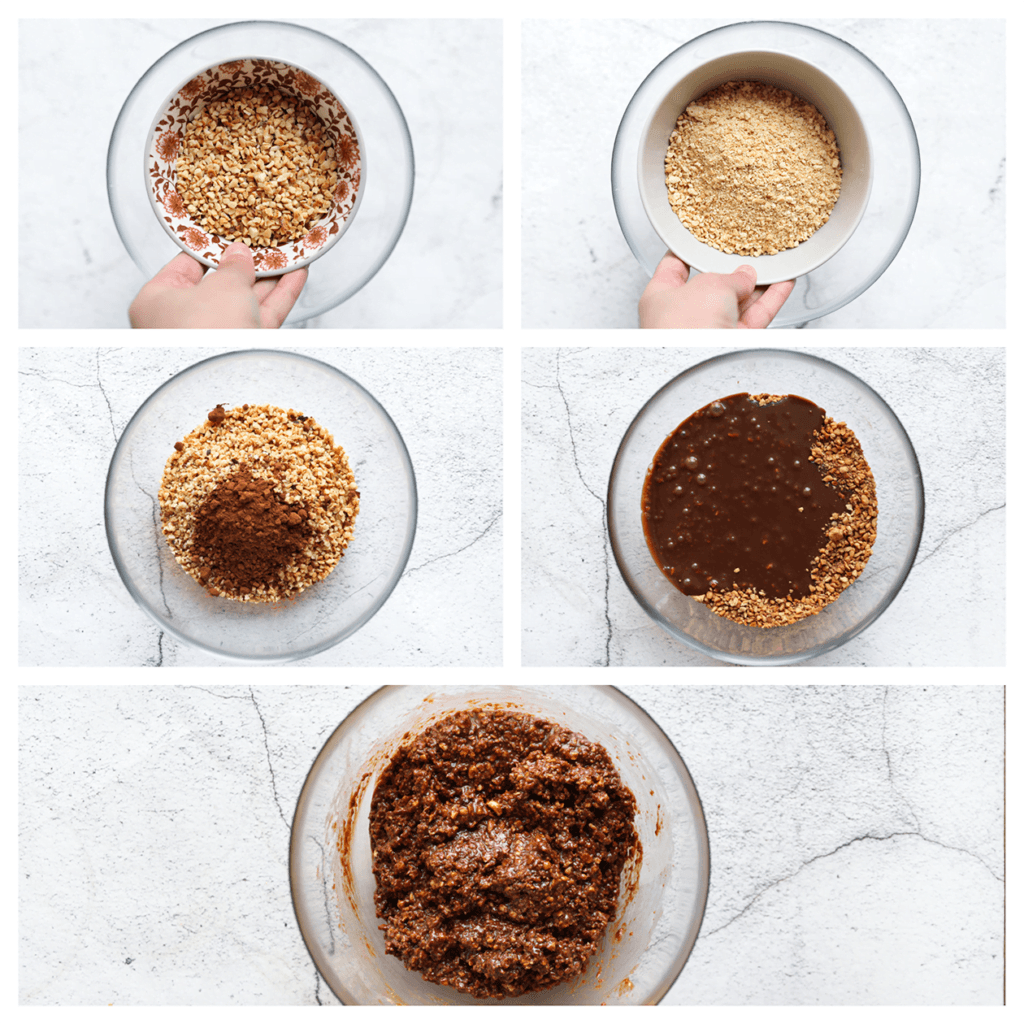 Doe de gemalen Maria biscuits samen met de gehakte hazelnoten en het cacaopoeder in een diepe kom. Meng goed. Voeg de ganache toe en meng alles tot een geheel. Laat het koekjesdeeg even staan zodat het iets steviger wordt.
