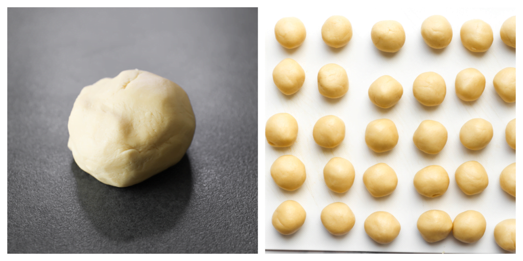 Neem wat koekjesdeeg (16 gr) en vorm het tot een bol. Herhaal de werkwijze.