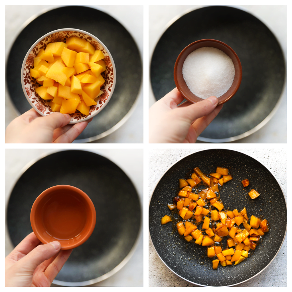 Verhit een koekenpan op middelhoog vuur. Voeg de mango, suiker en het water toe. Bak de mango tot hij zacht is.