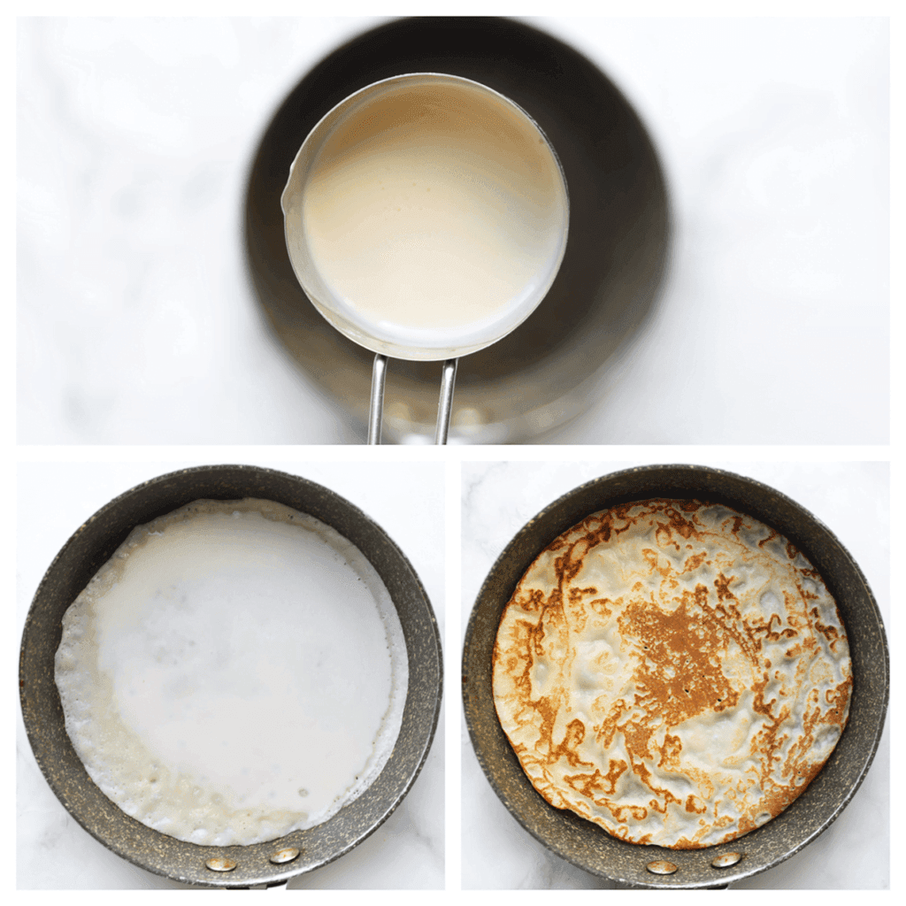 Verwarm een koekenpan of pannenkoekenpan op middelhoog vuur en voeg een beetje zonnebloemolie toe om de pan in te vetten. Giet een schepje beslag in de pan (30 gr per pannenkoek) en draai de pan rond zodat het beslag gelijkmatig over de pan verdeeld wordt. Bak tot de randen beginnen te stollen. Draai de pannenkoek voorzichtig om met een spatel en bak de andere kant goudbruin.