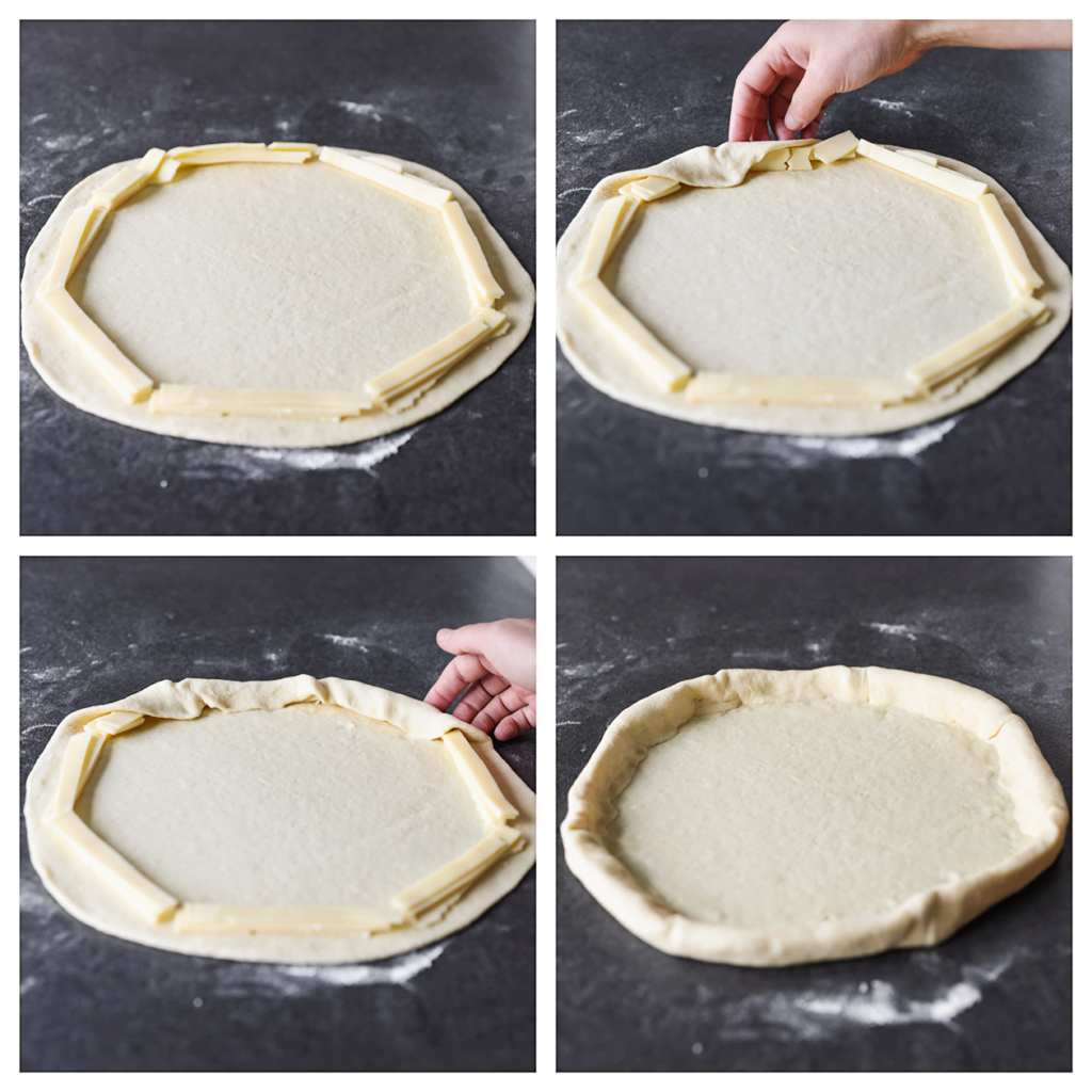 Snijd de kaasblok in slierten. Leg de kaas dichtbij de randen van het deeg en vouw het deeg naar binnen. Maak het goed dicht.