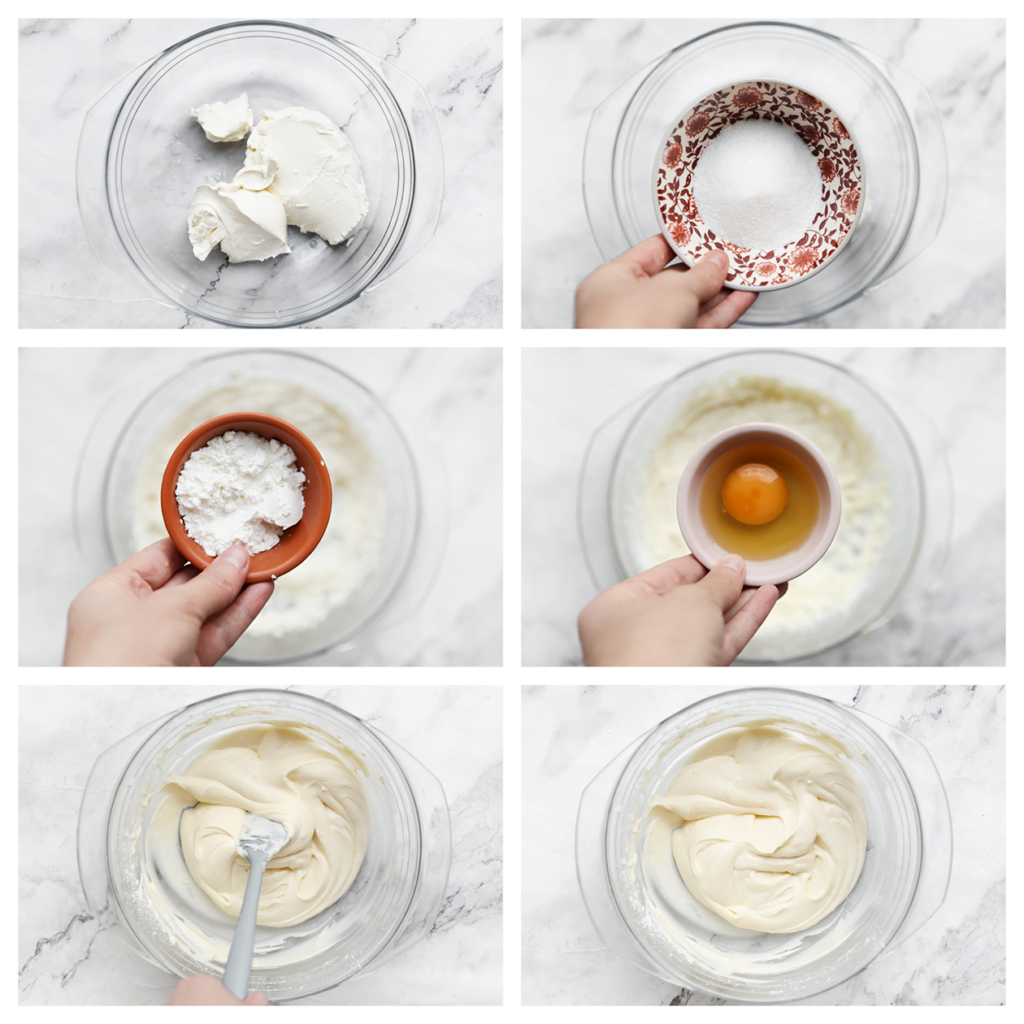 Doe de roomkaas in een aparte kom. Voeg de suiker en vanillesuiker toe. Mix 1 minuut. Zeef de maïzena boven de kom en mix tot een geheel. Leg de mixer weg en voeg het ei toe. Spatel dit luchtig door het beslag.