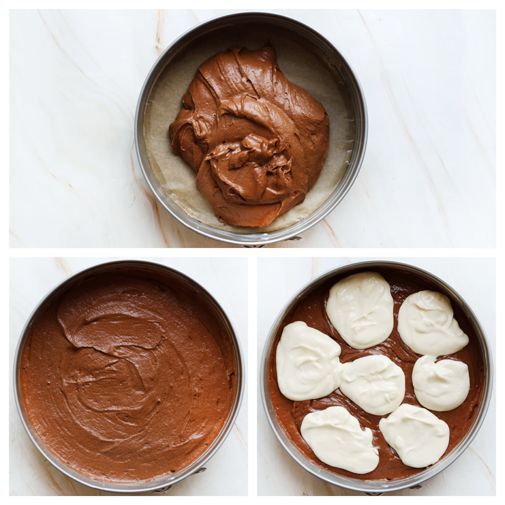 Vet de springvorm/bakvorm goed in en leg er een vel bakpapier in. Voeg het chocoladebeslag toe en verdeel het gelijkmatig. Schep het cheesecakebeslag in delen er bovenop.